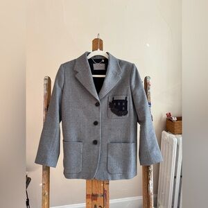 Mulberry Grey Wool Blazer with Embroidered Patch